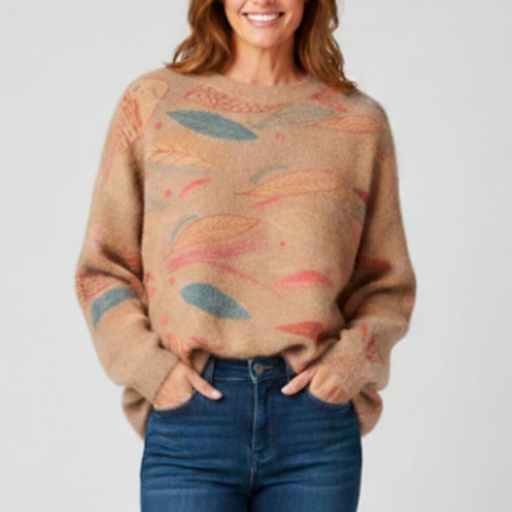 Oversized Fish And Leaf Sweater Brushed Knit Sweater 2XL Taupe